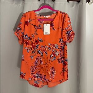 DR2 Orange Floral Short Sleeve V-Neck Blouse
